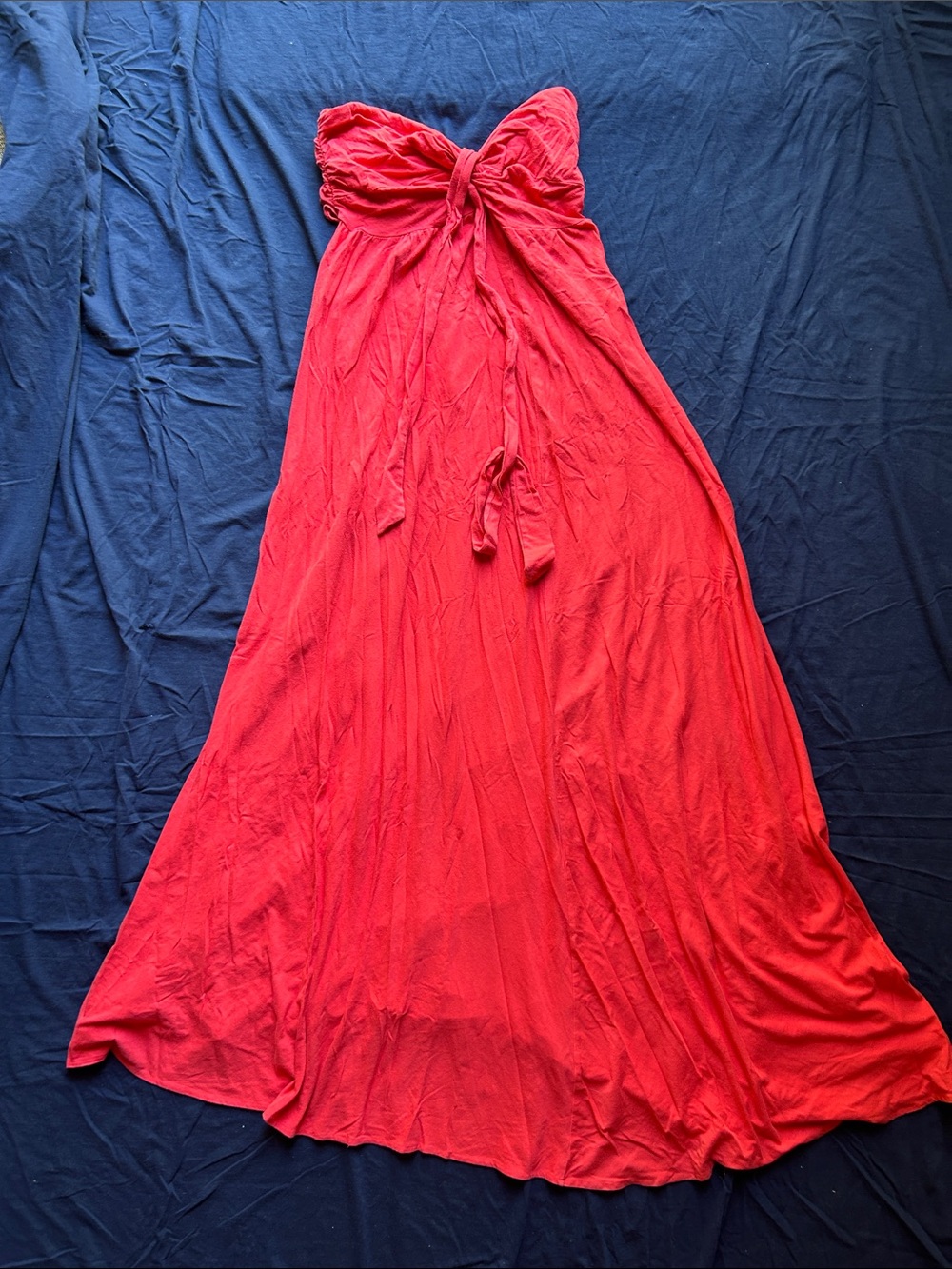 Victoria’s Secret Bright Coral Red Strapless Tie-Front Maxi Dress, shelf bra